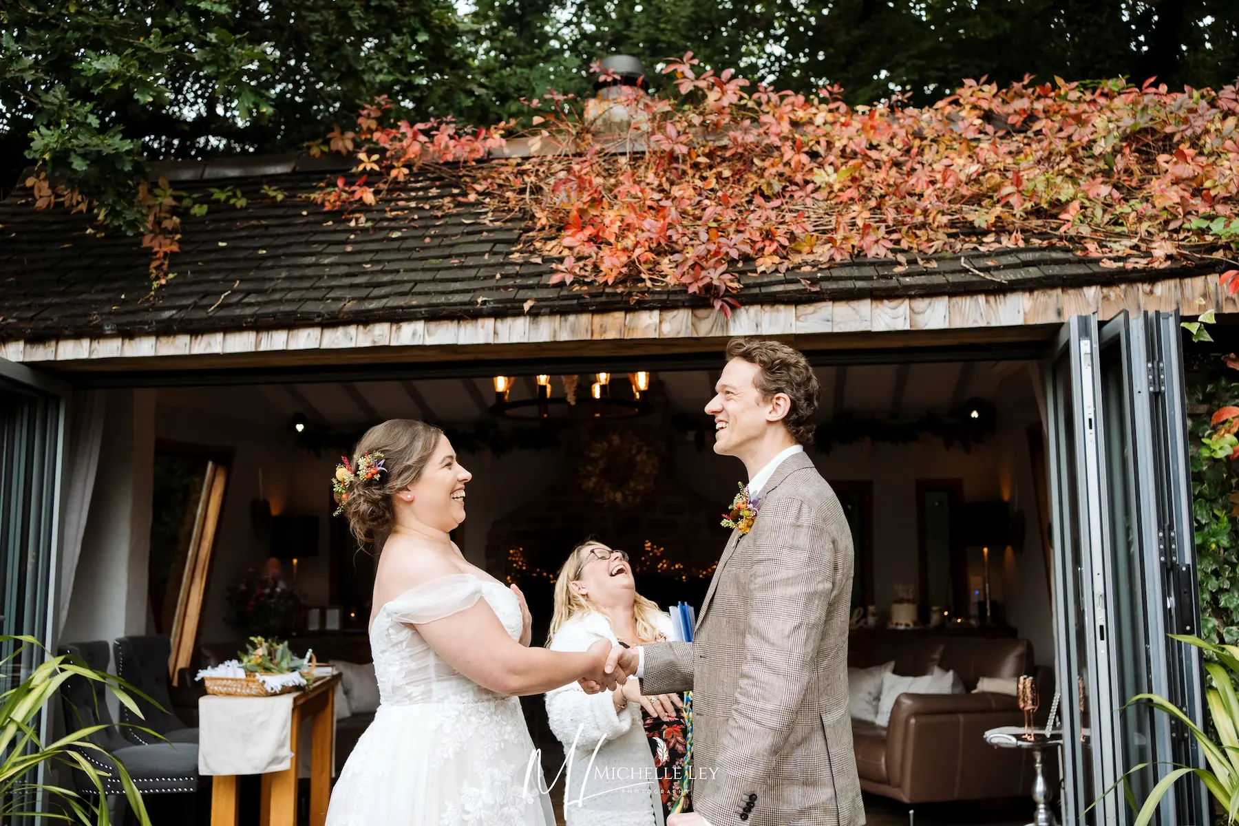 Celebrant Sue by Your Side leading a relaxed, personal wedding ceremony at Millbrook Estate, Devon