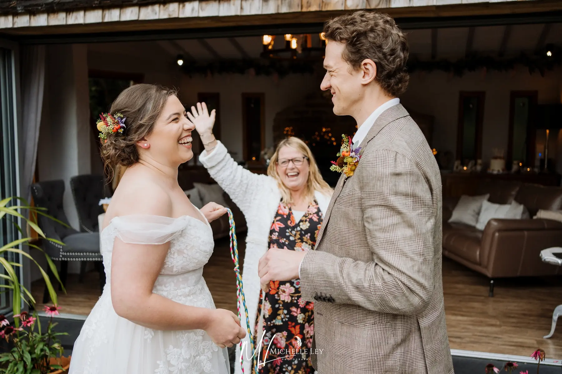 Celebrant Sue leading a personal wedding ceremony for an intimate elopement at Millbrook Estate Devon