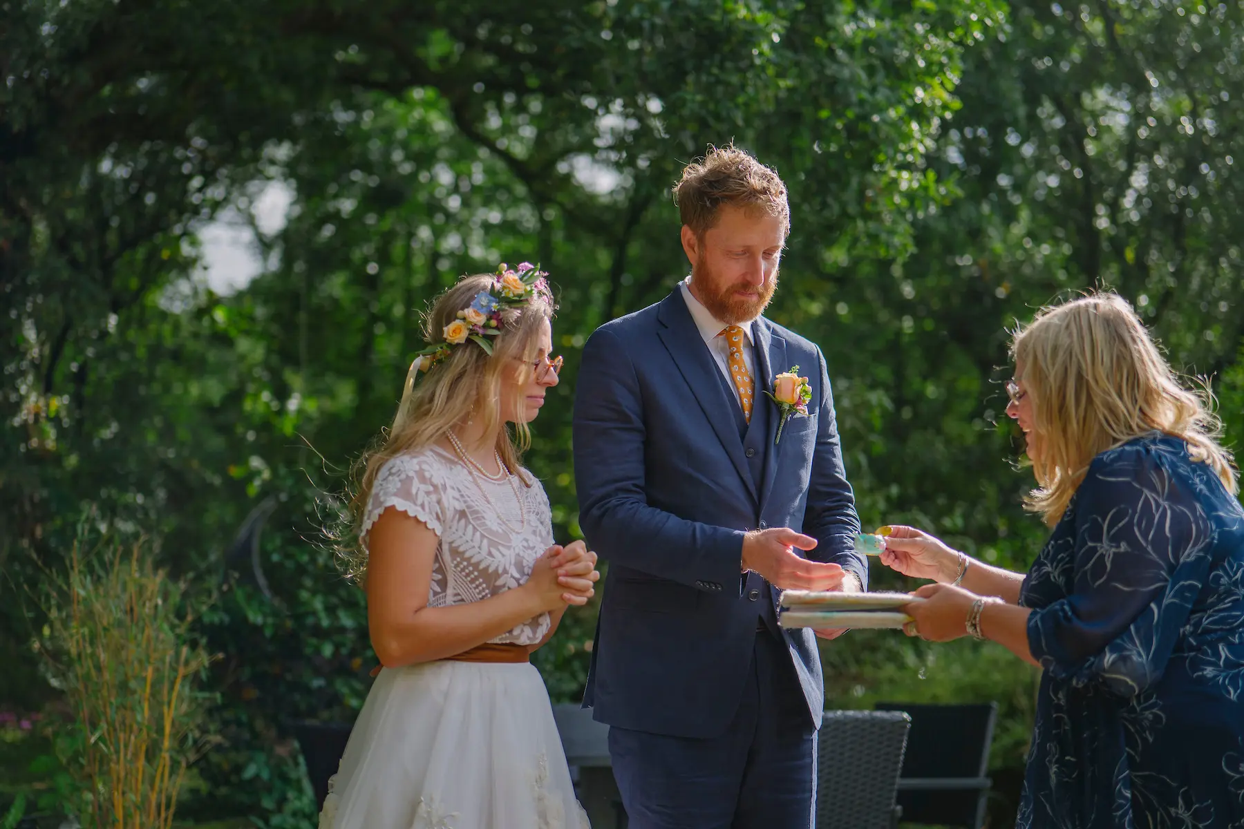 Couple sharing personal vows in a celebrant-led ceremony with Sue by Your Side at Millbrook Estate Devon