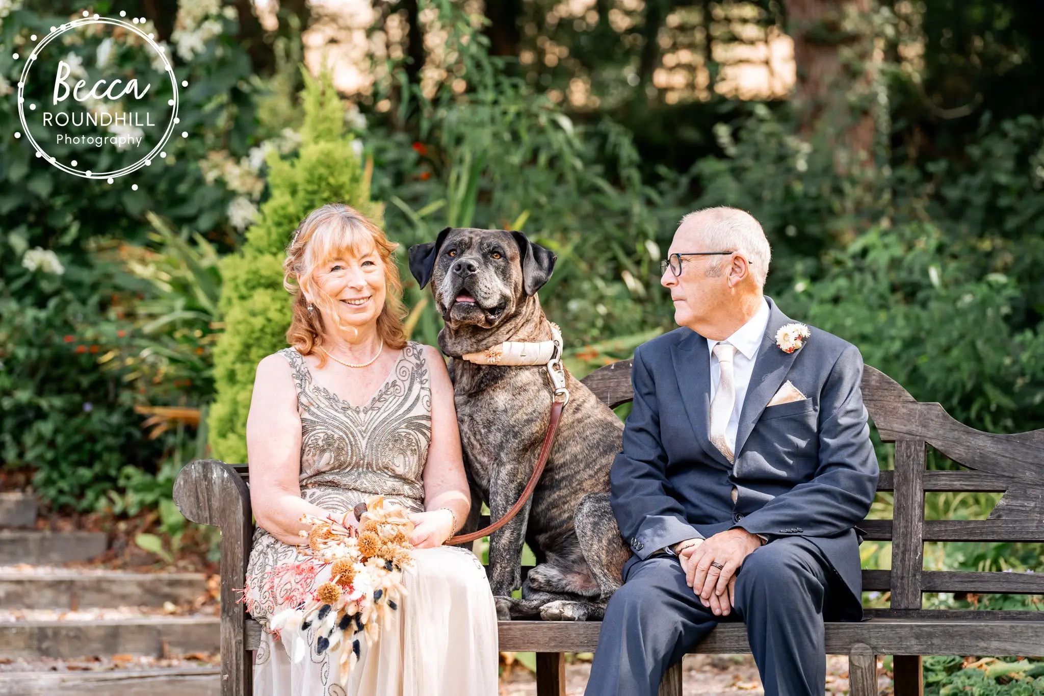 Ginny and Del with their dog Dexter at their last-minute elopement at Millbrook Estate